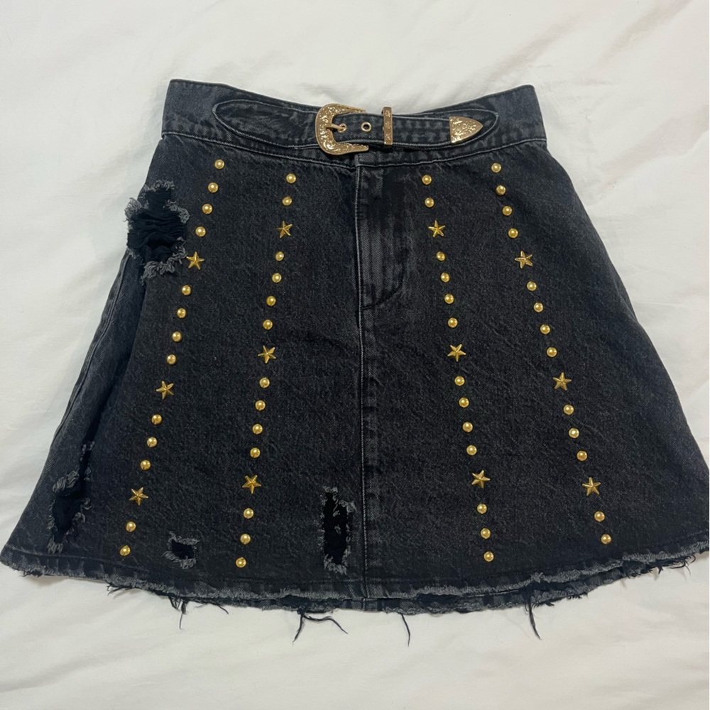 Retrofete Black Denim Gold Embellished Western Mini Skirt